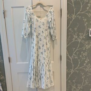 LoveShackFancy White and Light Blue Floral Maxi Dress